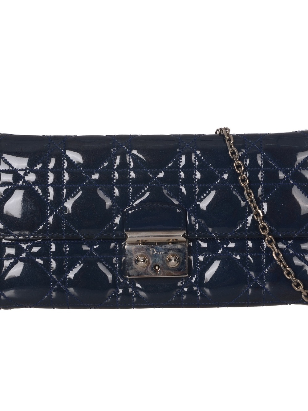 ♥️Dior Lady Dior Small Navy Patent Quilted Chain Clutch Logo WOC Crossbody Bag♥️